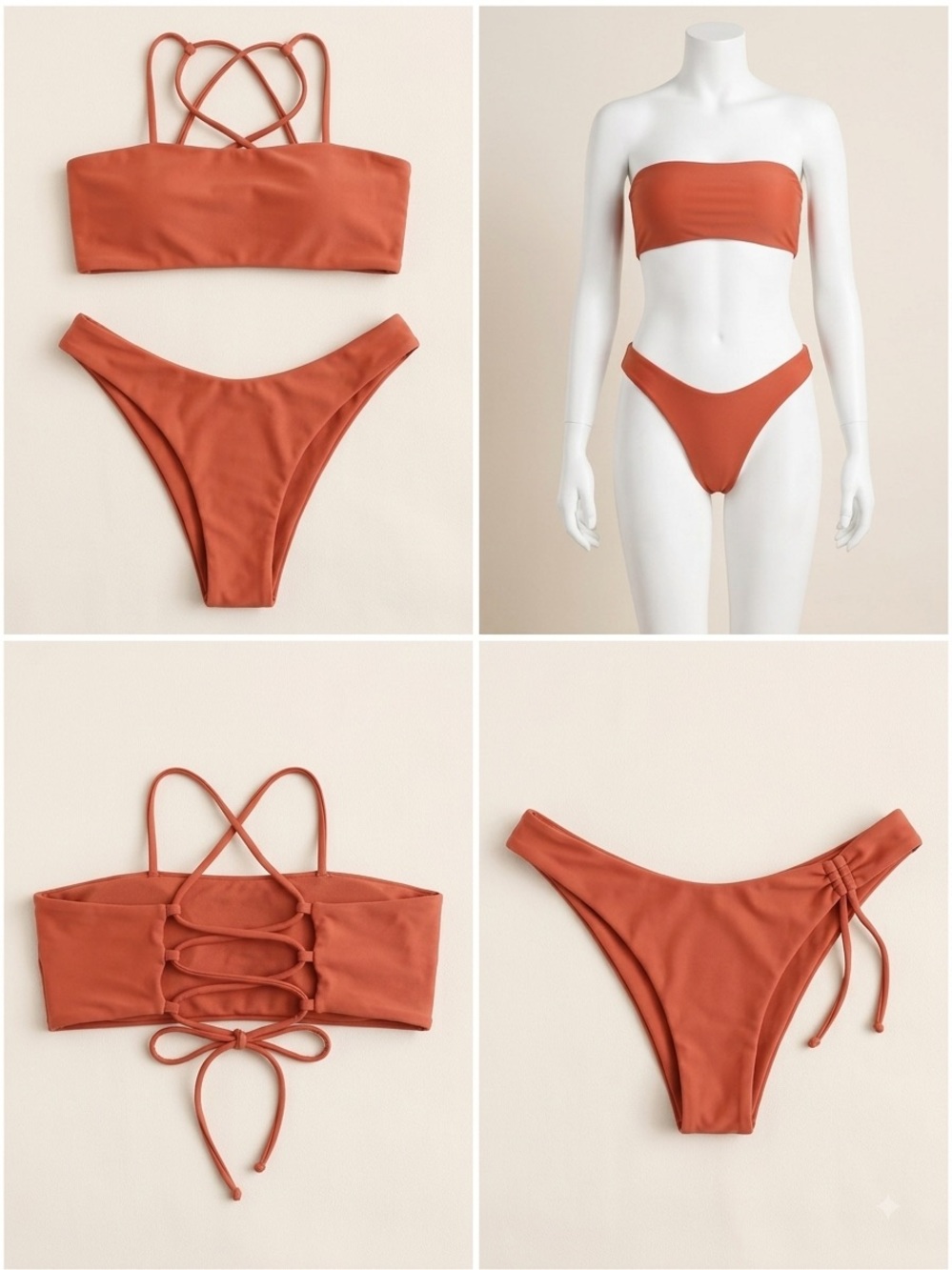Zaful Rust Orange Lace-Up Bandeau Bikini Set